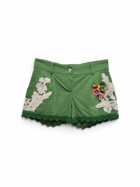 Raffaela D’Angelo Crochet Appliqué Green Cotton Shorts Size Small
